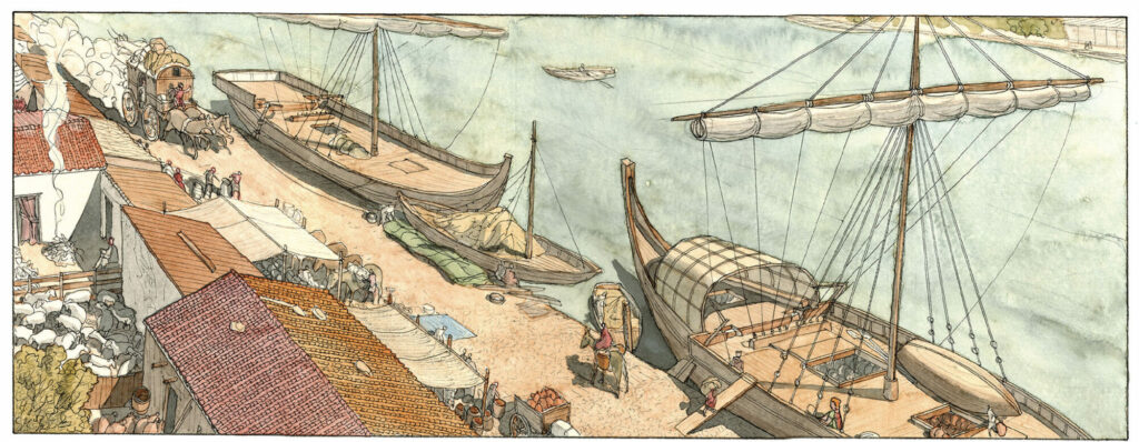 Roman ship sailing at sea (Roman "corbita", illustration by Jean-Claude Golvin)