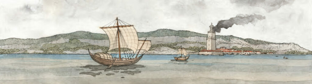 Roman boat sailing in the ponds of Narbonne (illustration by Jean-Claude Golvin)